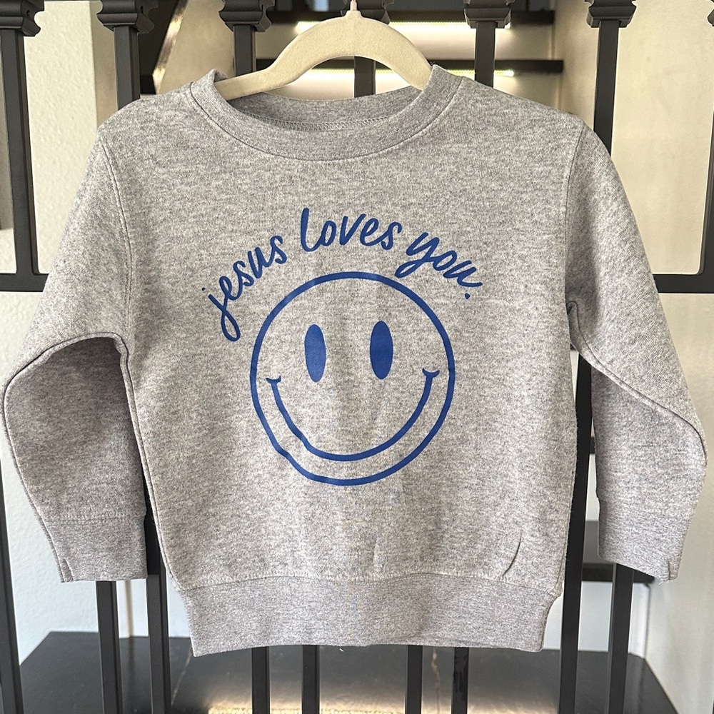 Kids Gray Sweatshirt with Blue Smiley "Jesus Loves You" Graphic